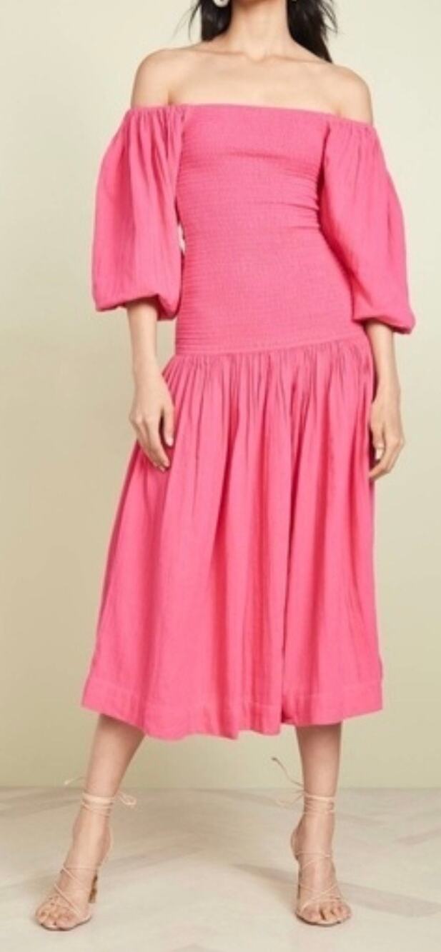 Rhode Midi Dress Harper Hot Pink Drop Waist Shirred Bodice Puff Sleeve Small